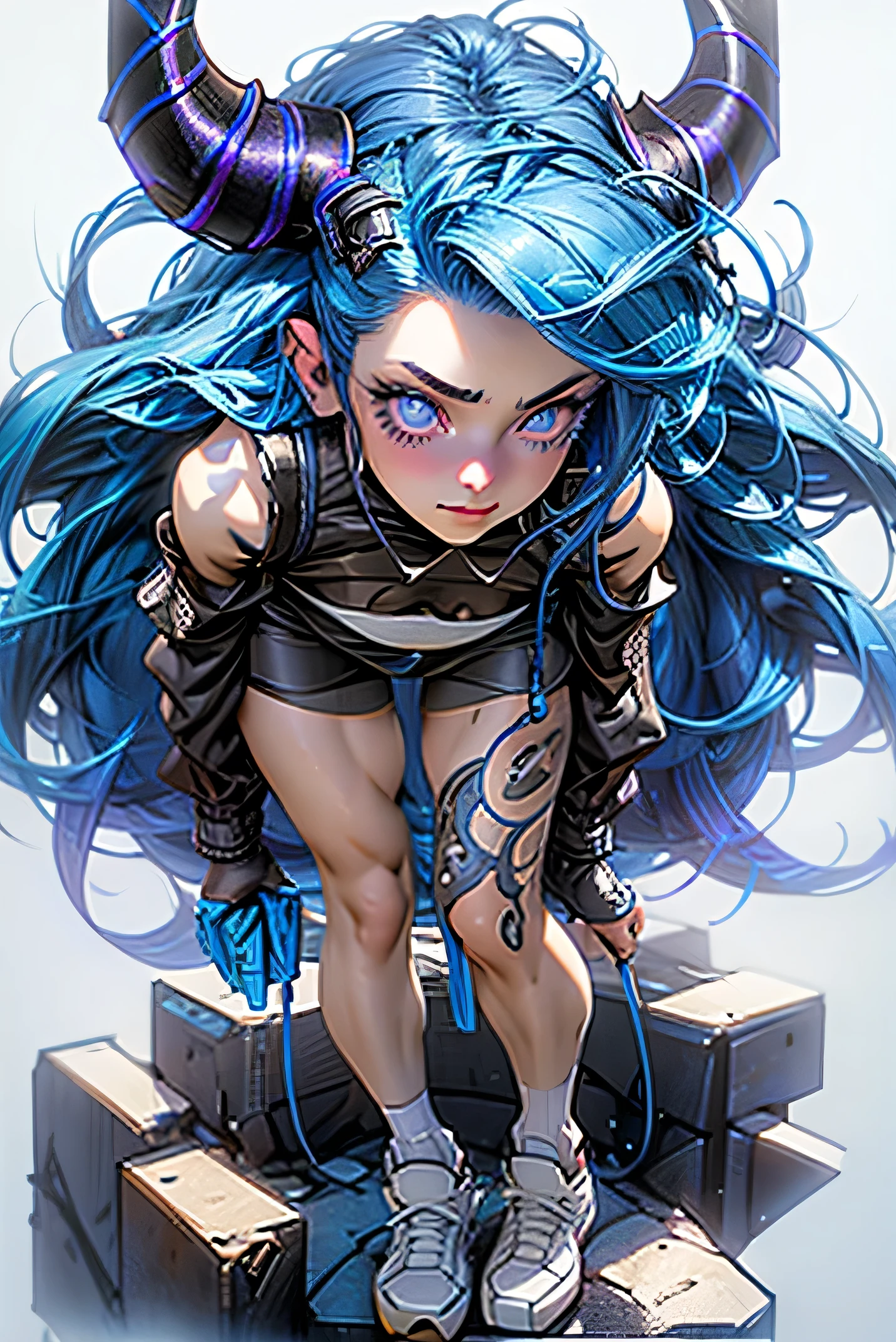 1girl, blue hair, blue eyes, blue pupils, (blue eyelashes), ((horns)), the horns are rounded, big cat ears, (((concept art))), dark purple blouse, translucent blouse, shorts, blue pattern on leg, hair in bun, standing, full height, sports shoes, ((reference sheet)), digital painting, character reference, full body, multiple views, short tail, hd, hyper detailed, high quality