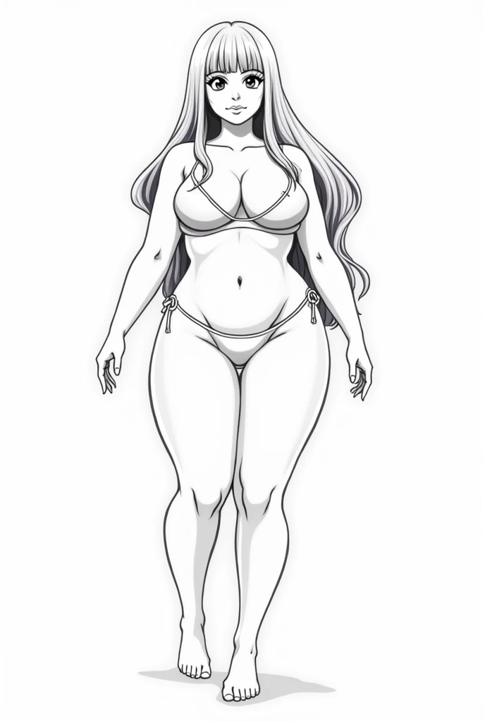 1 anime curvy woman standing in sexy pose, wearing bikini, white background, line art, monochrome, coloring book style, long straight hair, sharp confident look, barefoot, big eyes, curvy body, big ass, big boobs