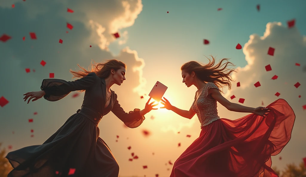 magic card fight, two female magician fighting with magic card, magic card flying in sky, magic card is big size