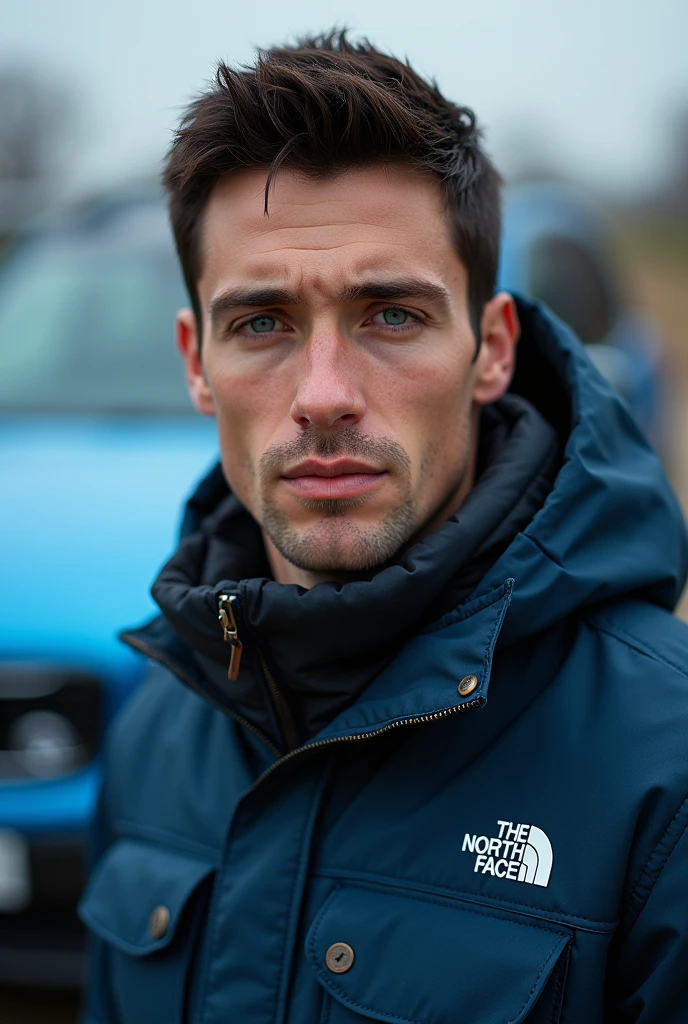 Man with blue Volvo, 1.80 tall, Bblack hair, blue eyes and North Face jacket