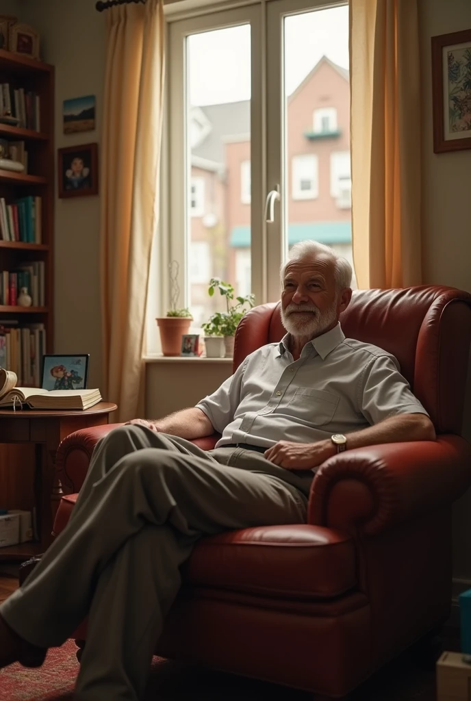 middle class father of 45 years from a small city sitting in a small home