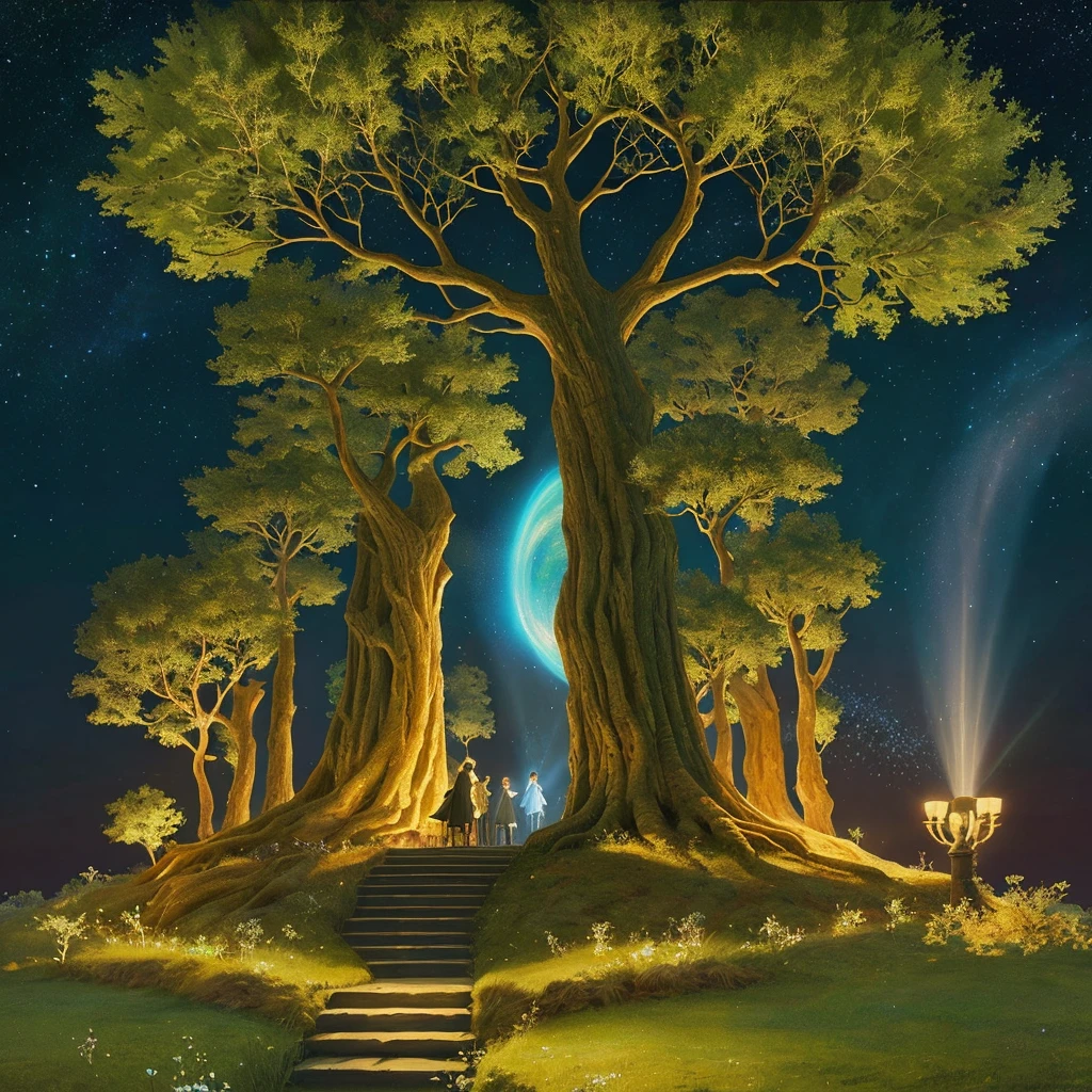 (Evolution of life)、Fibonacci、the golden ratio、melted wax、Visible brush strokes、3D tessellation wireframe、neural graphic、neurons、The Tree of Life、Farbe、tenderness、passion、The ultra -The high-definition、8K UHD、​masterpiece, A surreal illustration of the Tree of Life in the universe. The tree should be in the center of a group of people from diverse ethnic backgrounds who are encircling it. The branches of the tree should contain celestial objects such as planets, moons, and stars, all radiating light from a central source at the top of the tree. The background should feature a night sky full of stars to enhance the mystical atmosphere. The scene should convey beauty, spiritual evolution, the creation of the world, Catholic religious art, collective consciousness, holiness, and sacredness. The artistic style should be inspired by Roman Bez Palchik, Johfra Bosschart, and religious or philosophical art. It should evoke spiritual awakening and be suitable for Anton Vadiev and Rob McNaughton.
