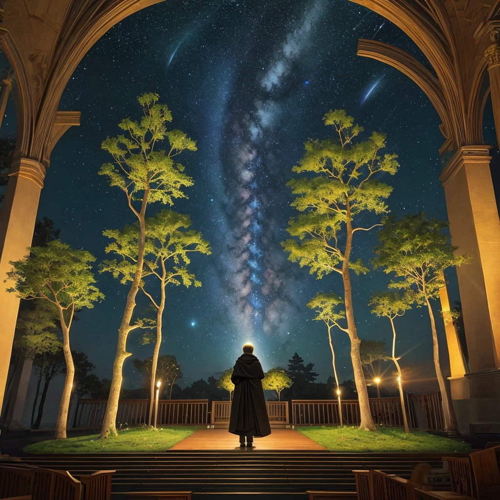 (Evolution of life)、Fibonacci、the golden ratio、melted wax、Visible brush strokes、3D tessellation wireframe、neural graphic、neurons、The Tree of Life、Farbe、tenderness、passion、The ultra -The high-definition、8K UHD、masterpiece, A surreal illustration of the Tree of Life in the universe. The tree should be in the center of a group of people from diverse ethnic backgrounds who are encircling it. The branches of the tree should contain celestial objects such as planets, moons, and stars, all radiating light from a central source at the top of the tree. The background should feature a night sky full of stars to enhance the mystical atmosphere. The scene should convey beauty, spiritual evolution, the creation of the world, Catholic religious art, collective consciousness, holiness, and sacredness. The artistic style should be inspired by Roman Bez Palchik, Johfra Bosschart, and religious or philosophical art. It should evoke spiritual awakening and be suitable for Anton Vadiev and Rob McNaughton.