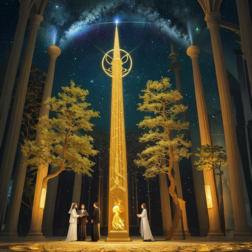 (Evolution of life)、Fibonacci、the golden ratio、melted wax、Visible brush strokes、3D tessellation wireframe、neural graphic、neurons、The Tree of Life、Farbe、tenderness、passion、The ultra -The high-definition、8K UHD、​masterpiece, A surreal illustration of the Tree of Life in the universe. The tree should be in the center of a group of people from diverse ethnic backgrounds who are encircling it. The branches of the tree should contain celestial objects such as planets, moons, and stars, all radiating light from a central source at the top of the tree. The background should feature a night sky full of stars to enhance the mystical atmosphere. The scene should convey beauty, spiritual evolution, the creation of the world, Catholic religious art, collective consciousness, holiness, and sacredness. The artistic style should be inspired by Roman Bez Palchik, Johfra Bosschart, and religious or philosophical art. It should evoke spiritual awakening and be suitable for Anton Vadiev and Rob McNaughton.
