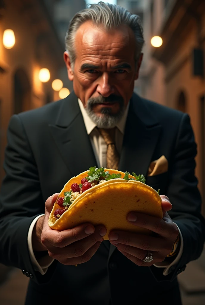 A Mexican taco held by a Mexican Godfather
