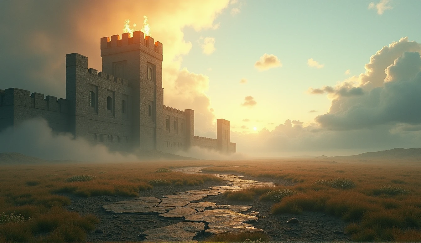 masterpiece:1.2), (best quality:1.2), 8K, HDR, Extremely detailed, ((Reality)), Professional lighting, Movie Lighting, fashion photography, Ambient Lighting, background, Daytime, epiC Photos, flame，grassland，City Wall， Broken earth，Ballistic Light，smoke，很有冲击感的background