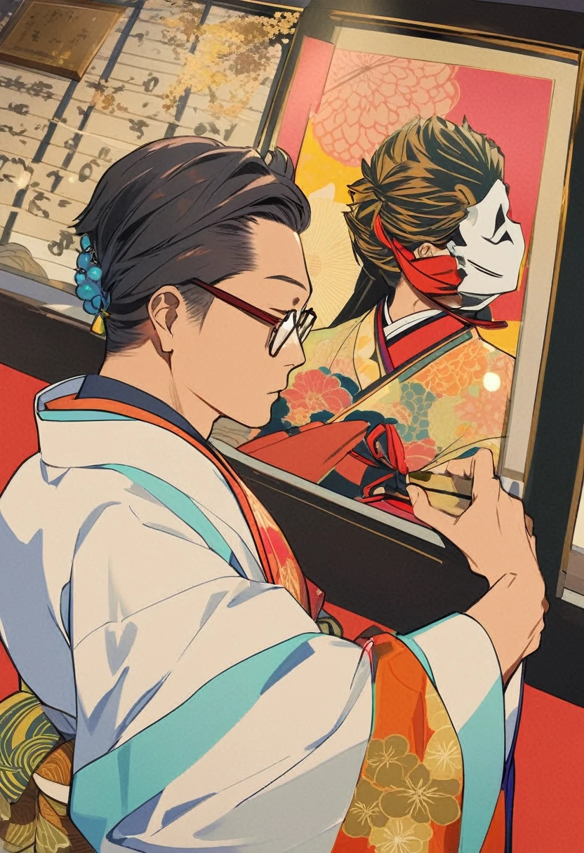 (masterpiece, Highest quality:1.1),Pop Art,Flat Color,
man in kimono,
Maskedの男,Glasses,Japanese,
In Edo,Dynamic Angle,Dynamic Angle,Beautiful lighting,photo portrait, pianist、Musical score、Masked