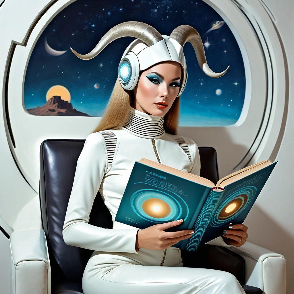 Portrait of Sagittarian Woman in Futuristic Fashion Reading her Book, Home, Caringness Theme, American Culture, 1960s Era, Geminian Energy, Ceres Style Art, Goat Embodiment