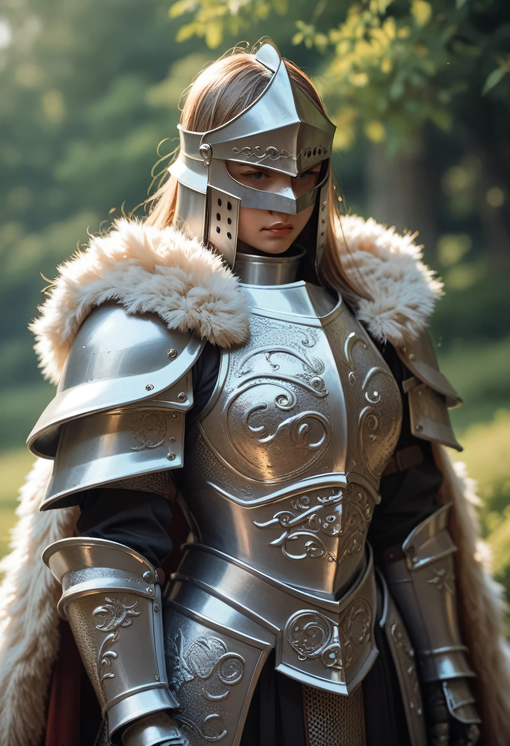 Artwork of full armored knight girl, ((dark armor)), fur cape, very detailed, masterpiece