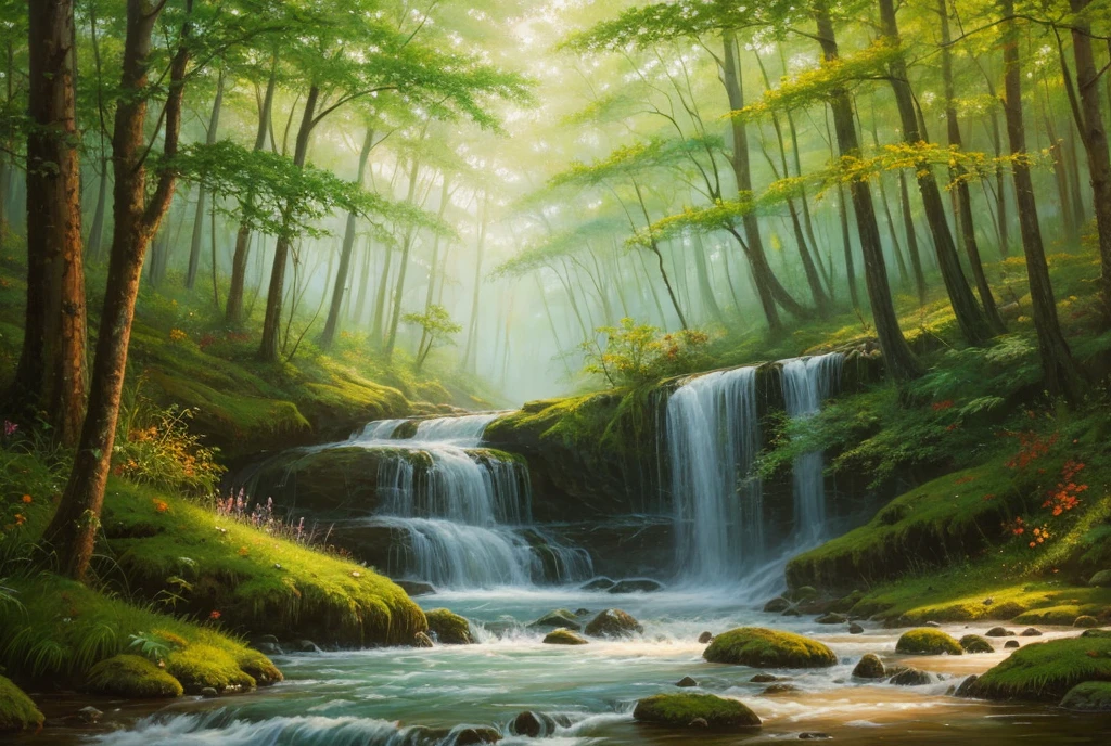 An oil painting of natural forest with fairy