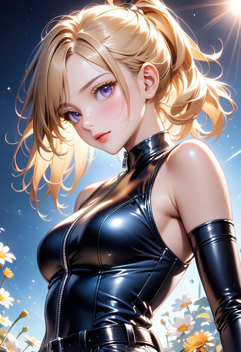 Upper Body, From chest to face, Sleeveless, Realistic, One Girl, blonde, Purple eyes, Shining Eyes, , Lips parted, blush, night, flower, sun, sunlight, Blue and black leather pants, Silver zipper,Belt below the waist,Ultra-fine illustrations,blonde , Show your forehead, Silver Center Zipper, Leather Blue Black Bodysuit, Sleevelessブルーブラック, Shiny, blonde ponytail, ai-generated,