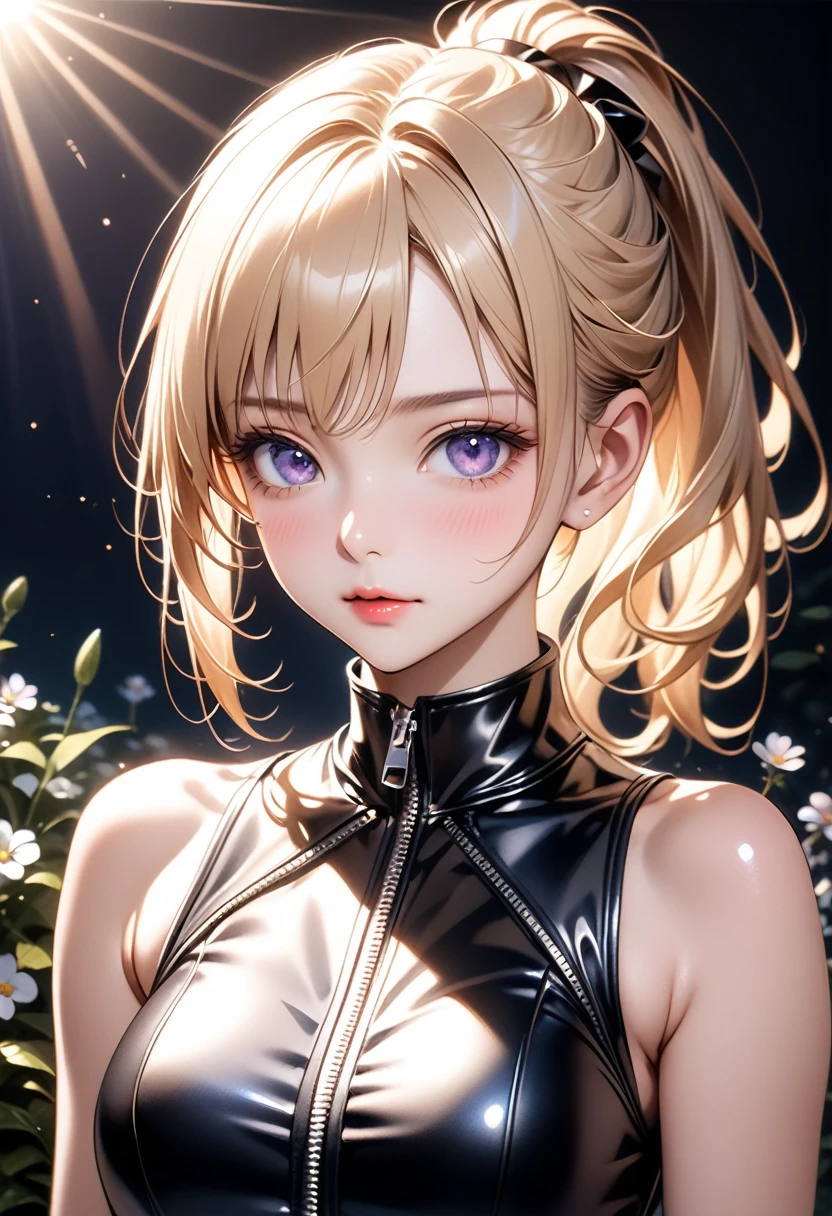 Upper Body, From chest to face, Sleeveless, Realistic, One Girl, blonde, Purple eyes, Shining Eyes, , Lips parted, blush, night, flower, sun, sunlight, Blue and black leather pants, Silver zipper,Belt below the waist,Ultra-fine illustrations,blonde , Show your forehead, Silver Center Zipper, Leather Blue Black Bodysuit, Sleevelessブルーブラック, Shiny, blonde ponytail, ai-generated,