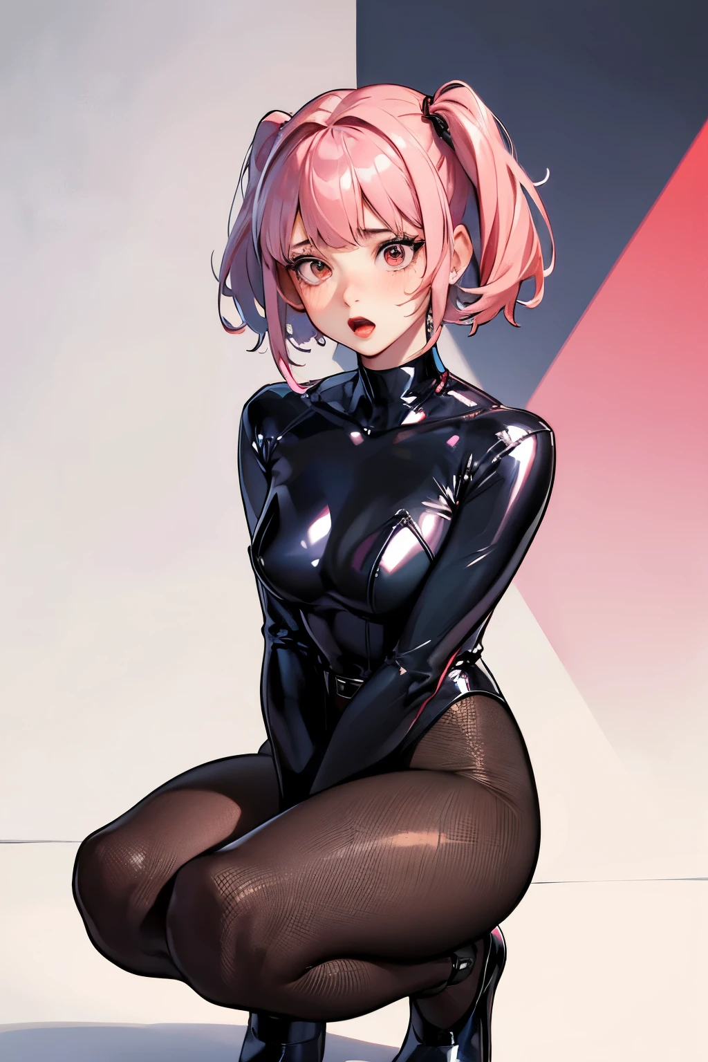 (highest quality:1.2), a 20-years-old girl is crouching there looking shy, Blush with embarrassment, very embarrassed, covering chest and crotch with hands, front view, looking herself,  a photorealistic cute gymnast, beautiful face, European face, heavily make-up face, noble face,  large eyes with heavy dark eyshadow, dark blue eyeline, bloody-red lip, open mouth with surprised, shameful face, Short-cut pink hair, full body portrait, wearing long sleeve  leotard,tight-fitting and extra shiny black leotard, wearing fishnet bodysuits, wearing red belt