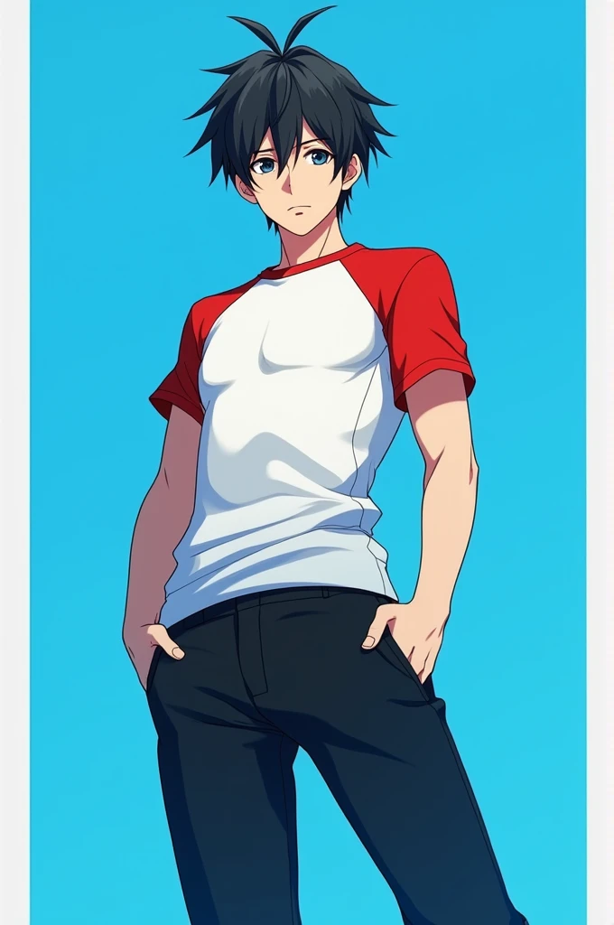 a male anime character with a white shirt and red sleeves, with black hair, black pants black shoes with white with blue background