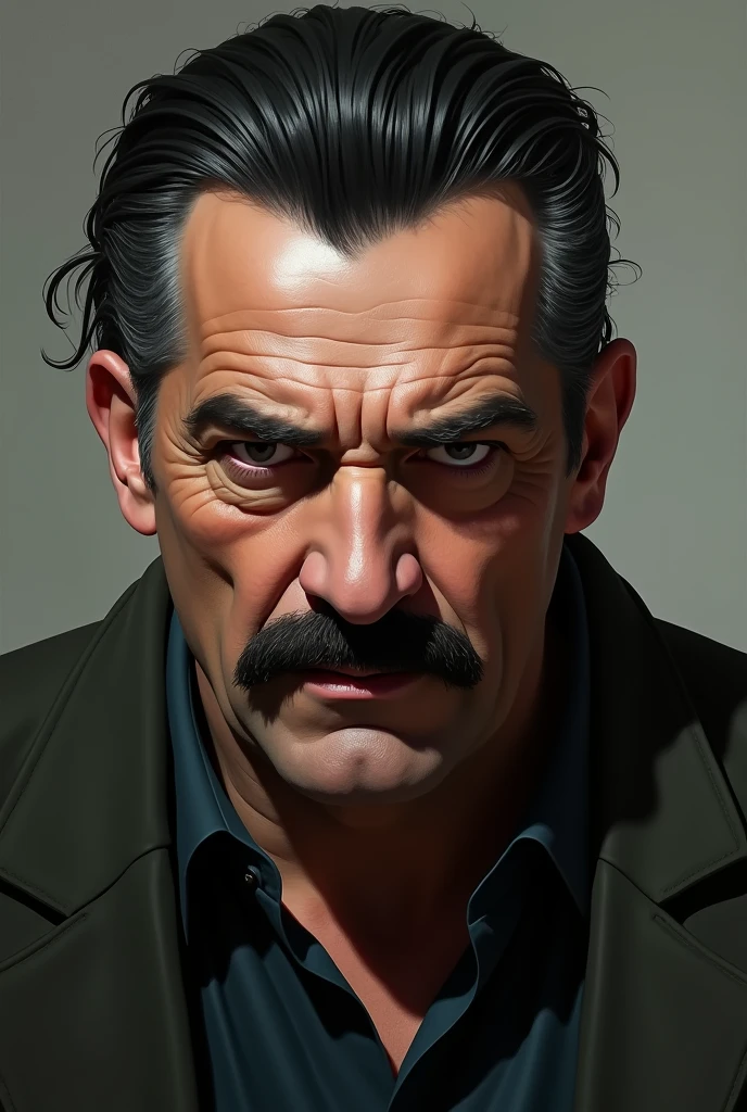 A man with his hair slicked back to the side is a mustache looking angry
