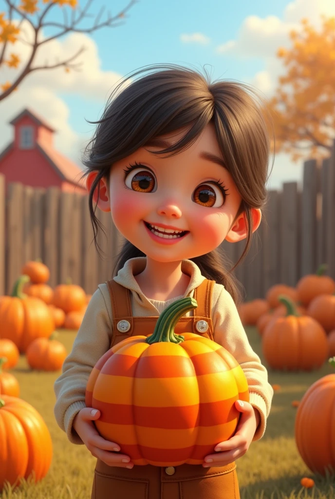 A girl,In the spacious farmyard,Background is fence,(((dishonesty)))Holding one(((Striped Pumpkin))),Very happy smile,Pixar style,Anime style