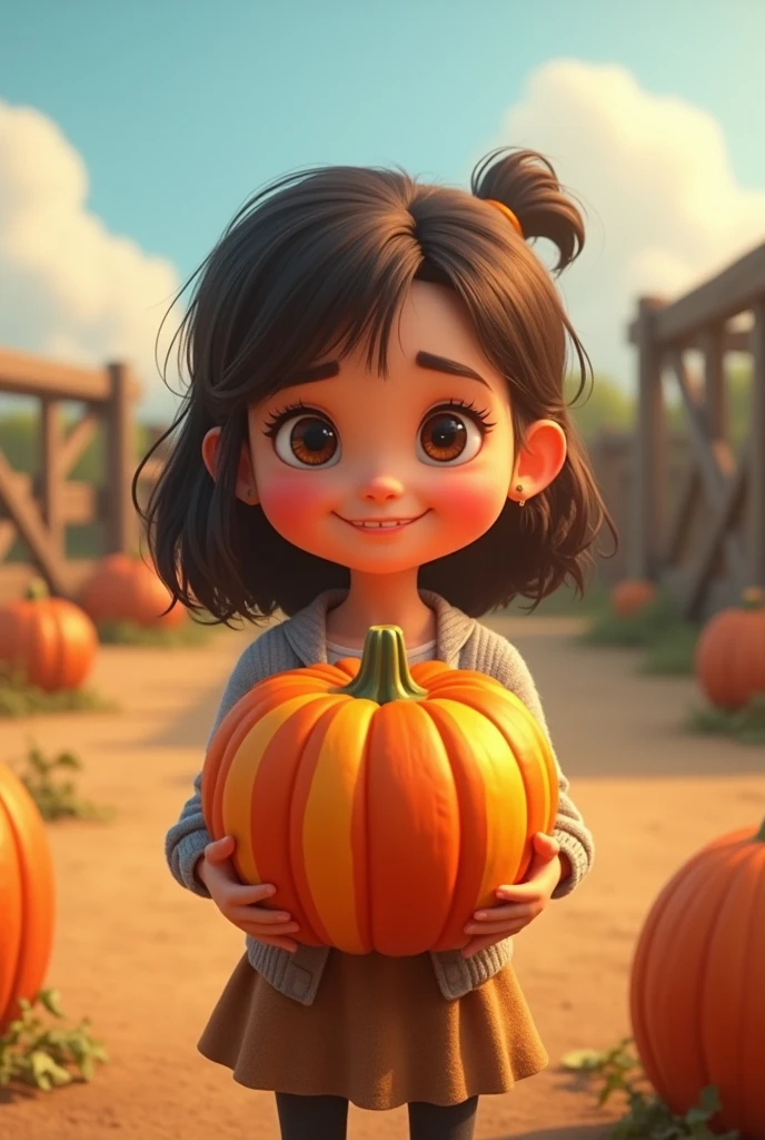 A girl，In the spacious farmyard，Background is fence，(((dishonesty)))Holding one(((Striped Pumpkin)))，Very happy smile，Pixar style，Anime style