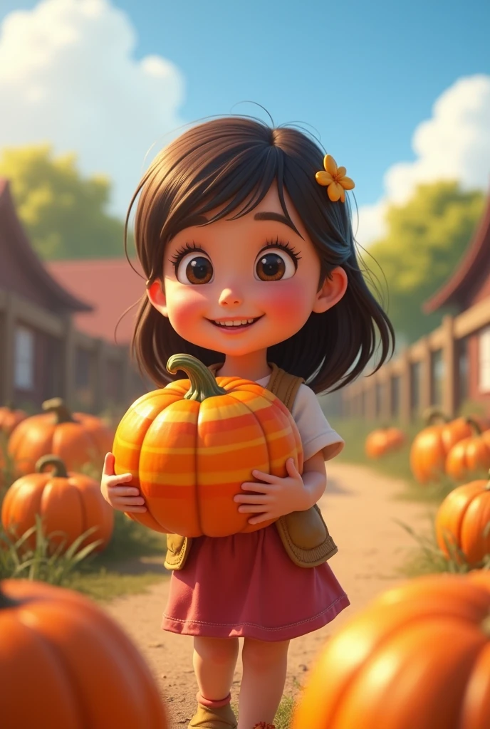 A girl，In the spacious farmyard，Background is fence，(((dishonesty)))Holding one(((Striped Pumpkin)))，Very happy smile，Pixar style，Anime style