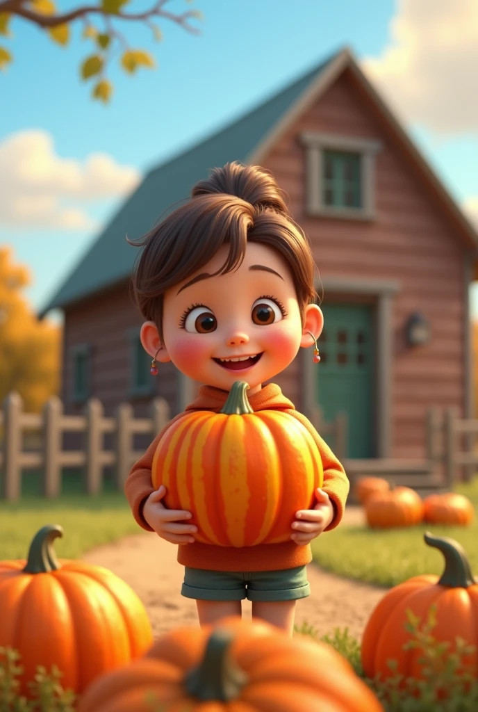 A girl，In the spacious farmyard，Background is fence，(((dishonesty)))Holding one(((Striped Pumpkin)))，Very happy smile，Pixar style，Anime style