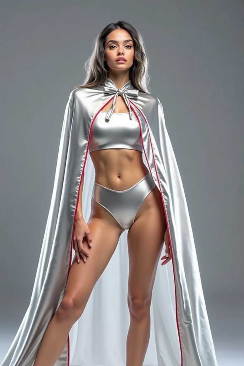 (RAW photo, best quality, masterpiece, ultra-detailed, high res), (realistic),(extremely delicate and beautiful:1), mesmerizing picture of beautiful girl in her 20s with long black hair , wearing a long silver and red lined satin cape tied at the neck with a ribbon , silver leotard , highly detailed, extremely high-resolution details, photographic, realism pushed to extreme, fine texture, 4k, ultra-detailed, high quality, high contrast