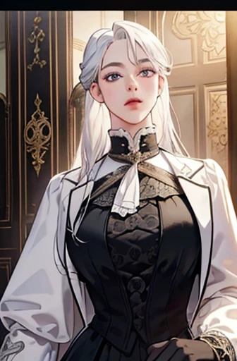 a determined victorian era woman, early 30's, scientist, pristine white labcoat, white clothes, writing, straight white hair, striking purple eyes, side-swept bangs, wearing a monocle, long black gloves, skirt, long black boots detailed realistic portrait, photorealistic, hyperrealistic, 8k, detailed clothing, beautiful detailed eyes, beautiful detailed lips, extremely detailed face, intricate ornate details, cinematic lighting, dramatic shadows, warm color tones, natural lighting, highly detailed, masterpiece, artstation, sharp focus, hyper detailed, full body