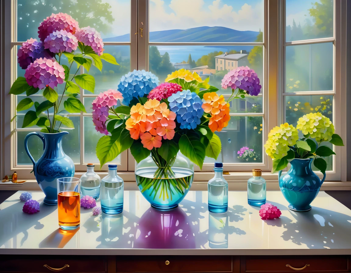 There is a vase of flowers and water on the table, Realistic flower oil painting, Colorful flowers, The background is outside the window，The ratio of the background and the flowers should be coordinated，The background should be more obvious， Hydrangeas, Colorful flowers, Colorful surrealism