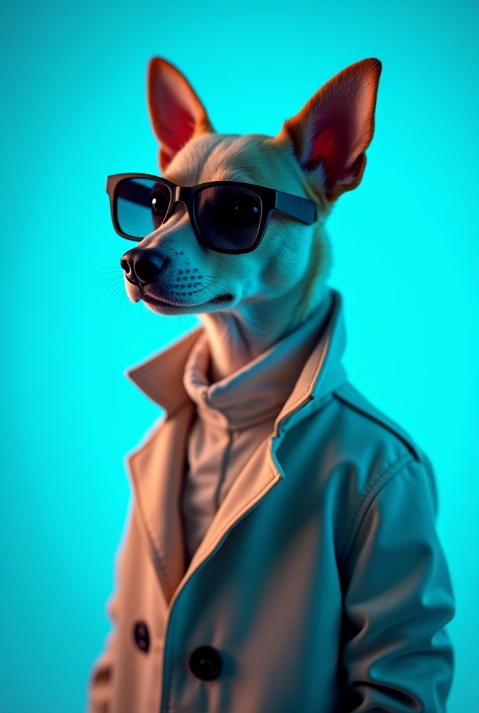 The best cell phone wallpaper, Award-Winning Wallpaper, portrait photography, In the front view is a portrait of a cute dog wearing mid-1960s space age fashion, Side view photo, Shot with Canon EOS R5, Set a strong contrast that accentuates the subject, Fluorescent blue tone, Wearing a very modern coat and sunglasses is a modern 1960s style, Clothes all in one color, beautiful background