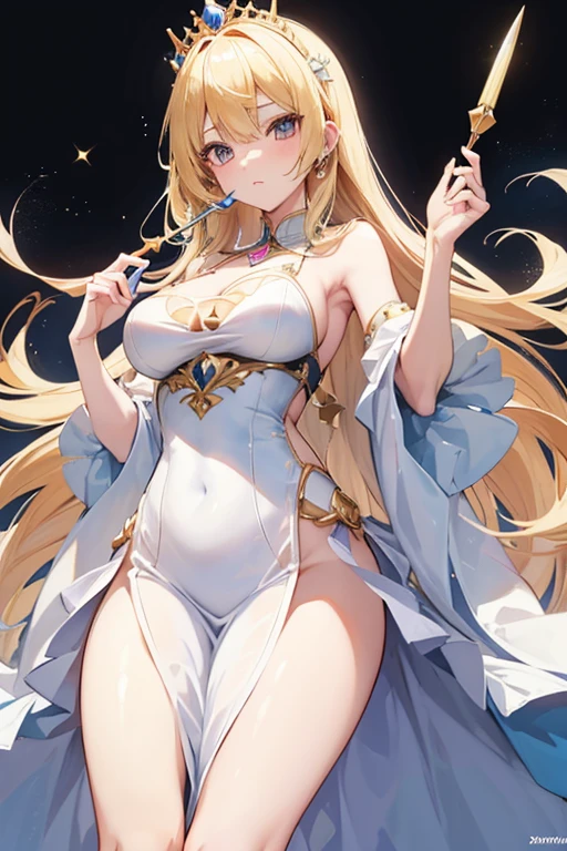 Princess (Blonde, Wearing a long open dress, Have a magic wand)　　odd-eyes　Background white　Long sword　Big mouth　Big Breasts　Black spot on mouth　Kuroko on the chest　　