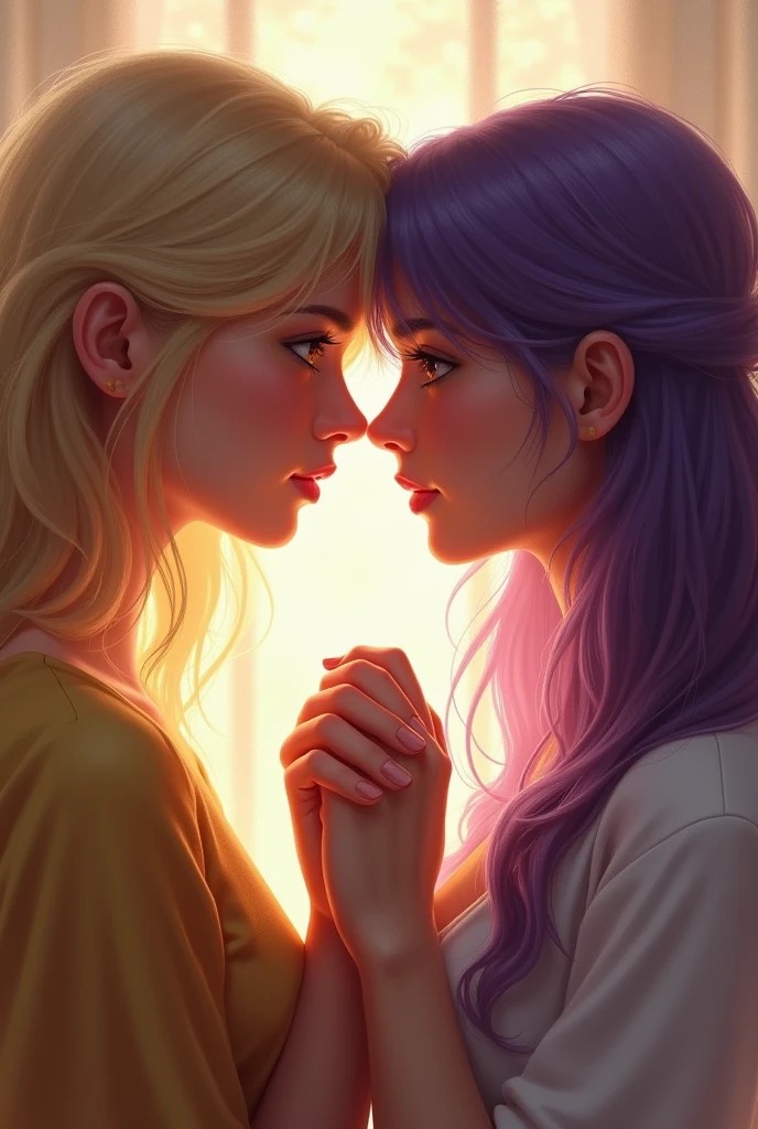 Blonde woman with honey-colored eyes holding the hand of a purple-haired woman with a compassionate look