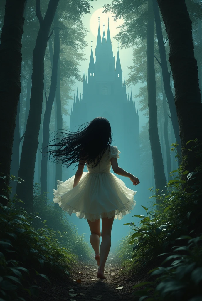A beautiful girl with long black hair, white short dress ,open hair , lost in a forest, running to save her life, near a palace of vampire