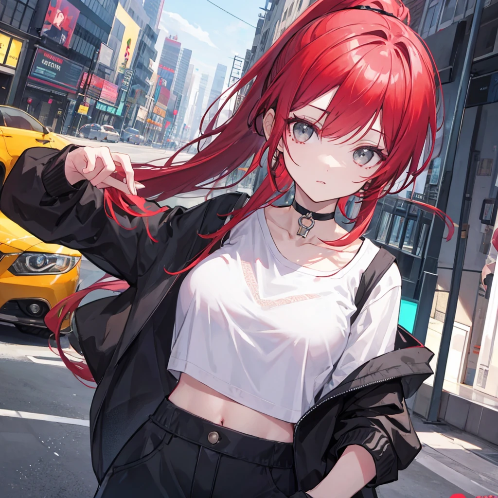 ultra closeup, A picture showing only the upper body, [[[[[[1 woman]]]]]] {{{ponytail hair}}}, long hair, red hair, gray eyes animation, Breasts slightly larger, medium hips, choker, with a straight face, inexpressive, black clothes, Casual clothes, Boxty, crop tee, white windbreaker, choker, standin, very detailed, 8k, Game Illustration, city background