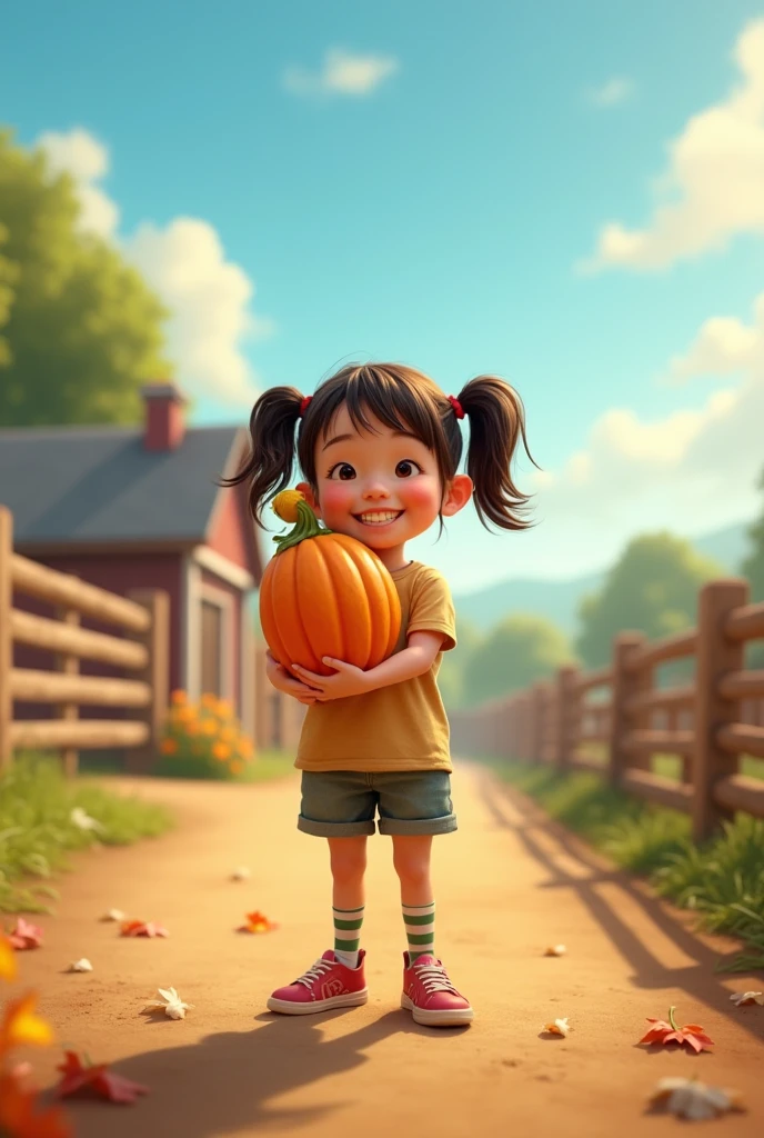 A girl,In the spacious farmyard,Background is fence,(((dishonesty)))Holding one(((Long pumpkin))),Very happy smile,Pixar style,Anime style