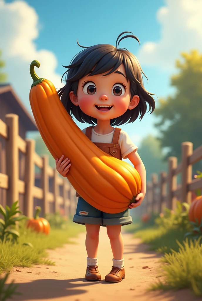 A girl，In the spacious farmyard，Background is fence，(((dishonesty)))Holding one(((Long pumpkin)))，Very happy smile，Pixar style，Anime style