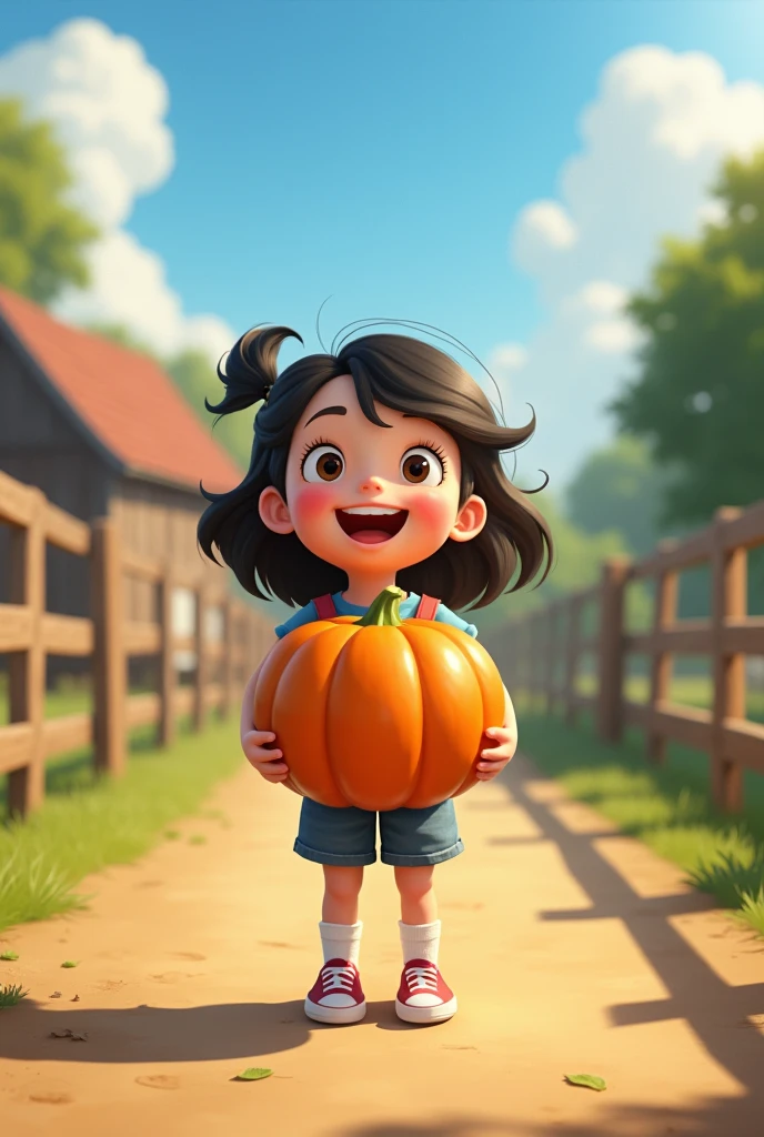 A girl，In the spacious farmyard，Background is fence，(((dishonesty)))Holding one(((Long pumpkin)))，Very happy smile，Pixar style，Anime style