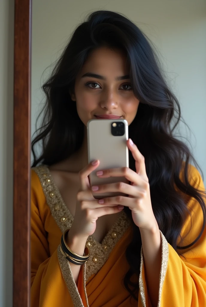 Beautiful girl with wavy long hair, indian girl she is younger and hi one hand mobaile mirror selfie ful Body in mirror selfie and western style  face not showing because his face has mobile  full face  this is perfect but one hand selfie 
 Normal style 