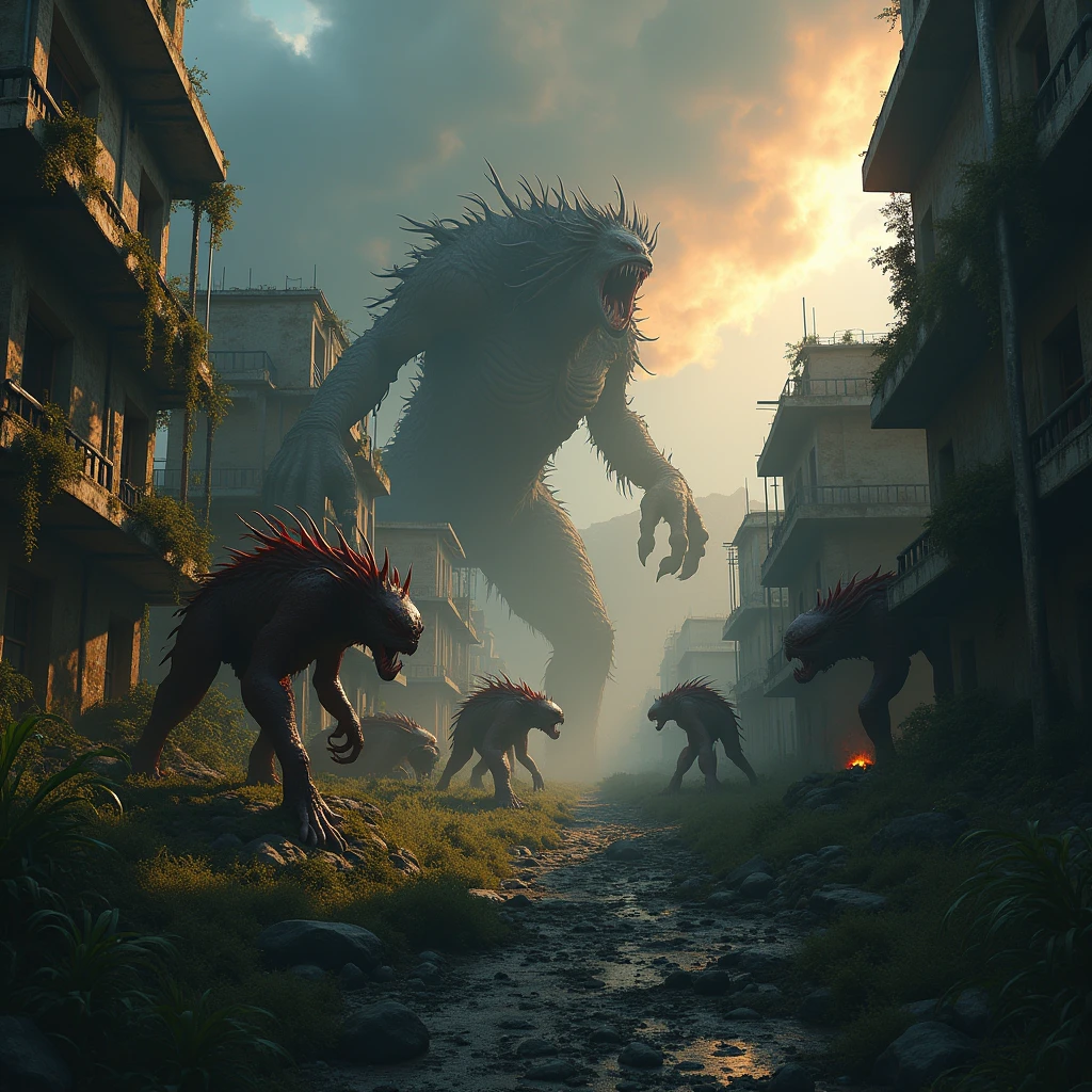 A chaotic, wild apocalypse where the world is overrun by wild, mutated creatures, with ruined cities overgrown by wild vegetation. The sky is a turbulent mix of dark clouds and fiery eruptions, and the air is thick with the smell of smoke and decay. (masterpiece, ultra detailed, 8K, high resolution, cinematic lighting, photorealistic, post-apocalyptic atmosphere)