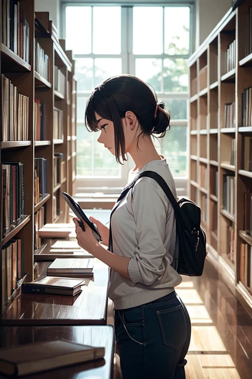 A person concentrating on studying in a library