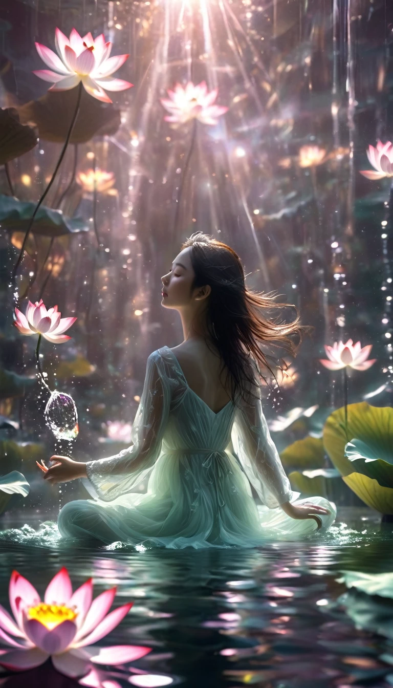 One girl,beautiful,Sparkling water,Motion Blur,Lots of fractal plants,Cinematic lighting effects,Lotus, On the water, reflection,,Glowing Lines,Glow Example,Tracking example,flash, Backlight,translucent,Particles of light
