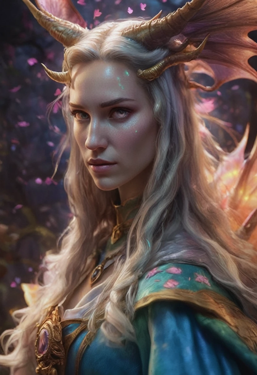 Realistic photos of pretty female dragons in an enchanting wonderland of lingering regret, beautiful whimsical fantasy art concept, detailed backgrounds, glowing particles, intricate details, ultra sharp, realism