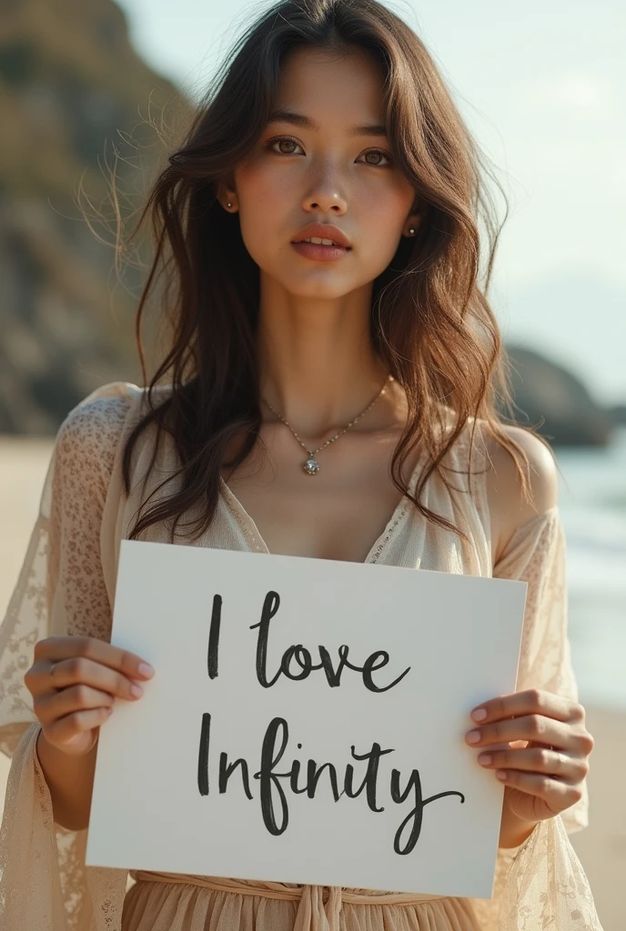 Beautiful girl with wavy long hair, bohemian dress, holding a white board with text "I Love Seaart Infinity" and showing it to the viewer