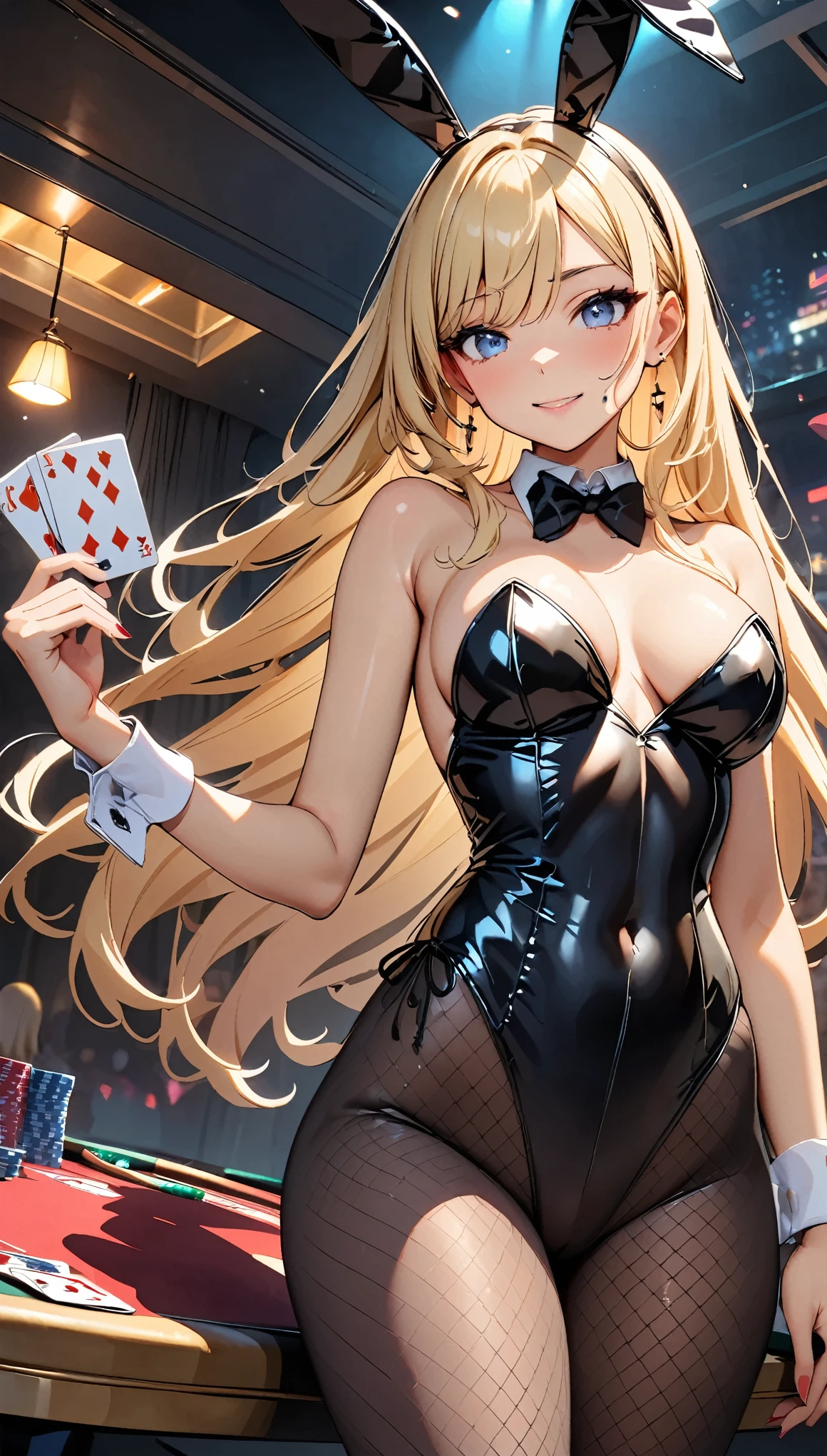 (Highest quality:1.2, Attention to detail, masterpiece:1.2, Best aesthetics), (1 girl), Cowboy Shot, ((Playboy Bunny, Fishnet tights:1.2, Bunny ears, ハイレグ leotard, 黒leotard:1.1, leotard)), (Blonde, Long Hair, Asymmetrical bangs, Light blue eyes), 美しいAttention to detail目, Beautiful lip detail, Highly detailed face, Detailed Fashion, elegant, luxury, High quality fabric, Shine, Shine, smile, ((Card games, poker, Holding a deck of cards:1.2)), bar, Nightclub, night, Dramatic lighting, Cinematic, Bright colors, Intricate details, Chiaroscuro lighting.