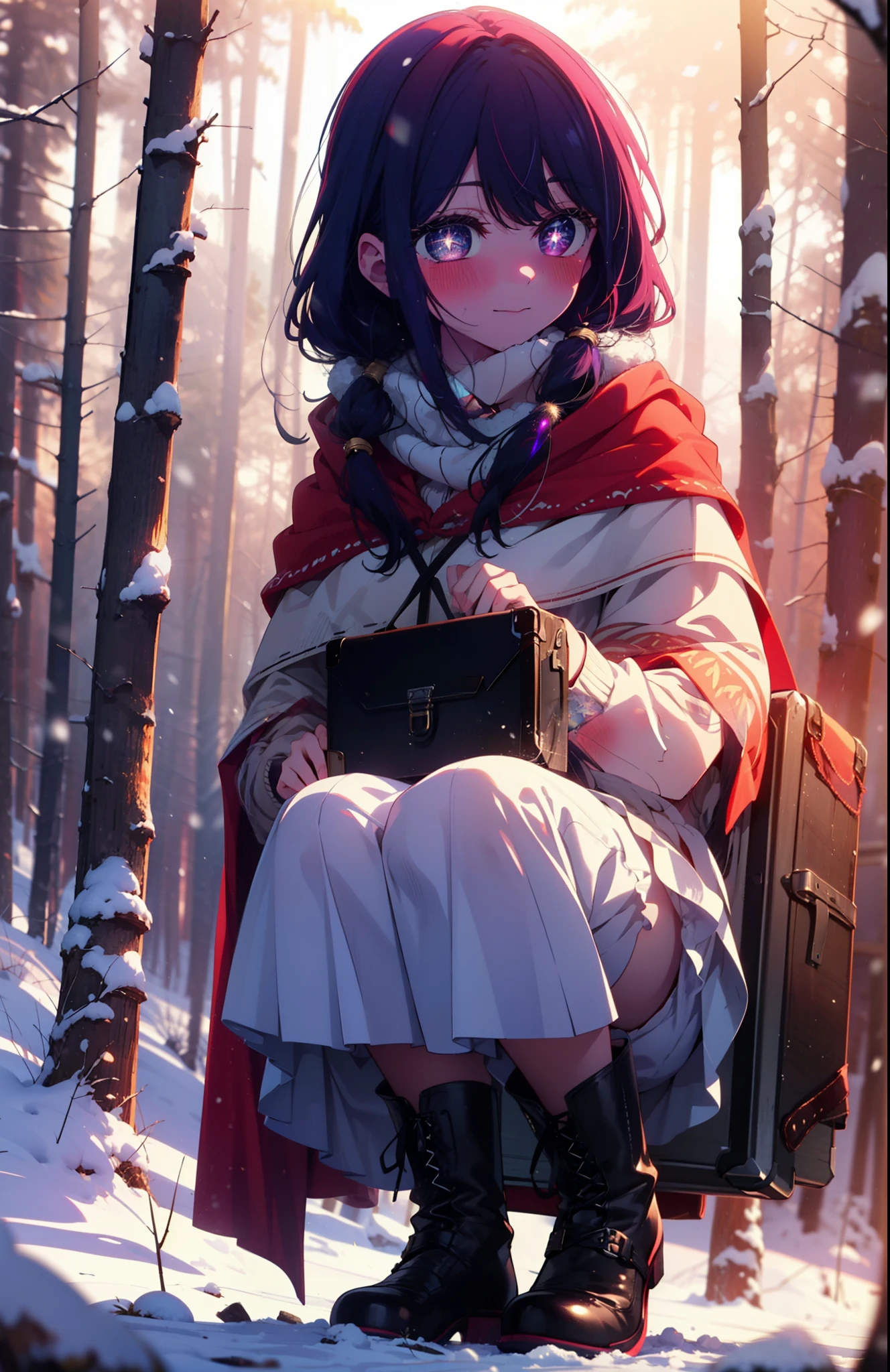 aihoshino, Ai Hoshino, Long Hair, bangs, (Purple eyes:1.1), Purple Hair, (Symbol-shaped pupil:1.5), smile,,smile,blush,white breath,
Open your mouth,snow,Ground bonfire, Outdoor, boots, snowing, From the side, wood, suitcase, Cape, Blurred, , forest, White handbag, nature, Squat, Mouth closed, Cape, winter, Written boundary depth, Black shoes, red Cape break looking at viewer, Upper Body, whole body, break Outdoor, forest, nature, break (masterpiece:1.2), Highest quality, High resolution, unity 8k wallpaper, (shape:0.8), (Beautiful and beautiful eyes:1.6), Highly detailed face, Perfect lighting, Highly detailed CG, (Perfect hands, Perfect Anatomy),