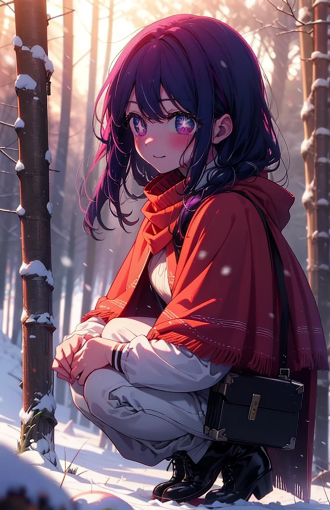 aihoshino, Ai Hoshino, Long Hair, bangs, (Purple eyes:1.1), Purple Hair, (Symbol-shaped pupil:1.5), smile,,smile,blush,white breath,
Open your mouth,snow,Ground bonfire, Outdoor, boots, snowing, From the side, wood, suitcase, Cape, Blurred, , forest, White handbag, nature,  Squat, Mouth closed, Cape, winter, Written boundary depth, Black shoes, red Cape break looking at viewer, Upper Body, whole body, break Outdoor, forest, nature, break (masterpiece:1.2), Highest quality, High resolution, unity 8k wallpaper, (shape:0.8), (Beautiful and beautiful eyes:1.6), Highly detailed face, Perfect lighting, Highly detailed CG, (Perfect hands, Perfect ???????),