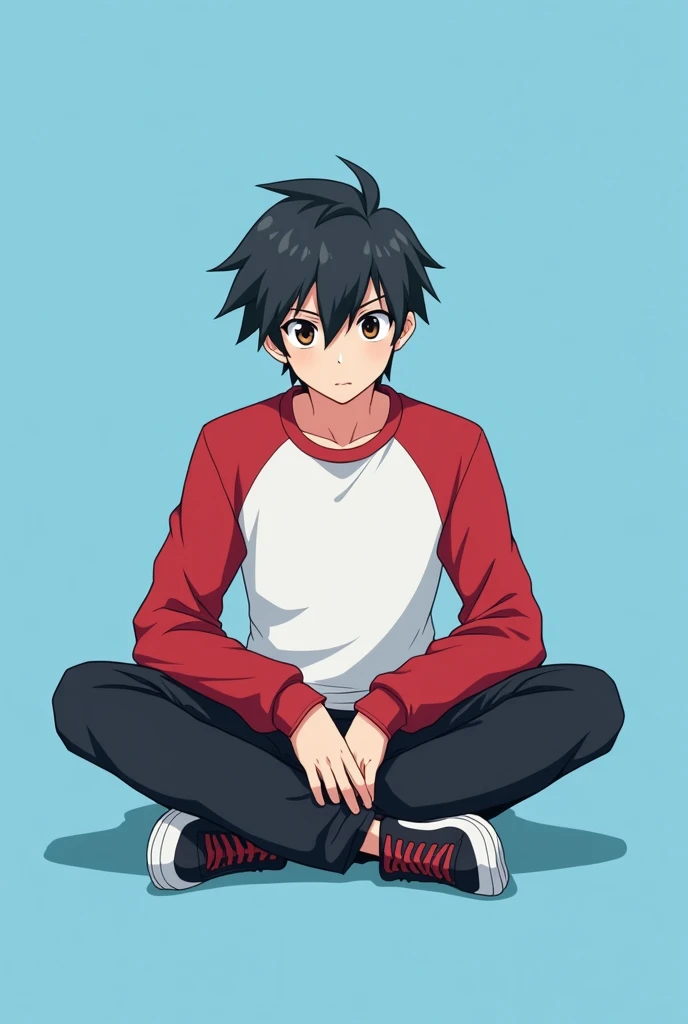 a male anime character with a white shirt and red sleeves, with black hair, black pants, black and white shoes with a blue background, sitting cross-legged and with a thoughtful face