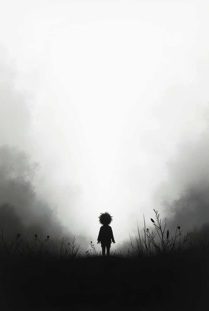 It transmits loneliness and depression with a child in the distance, a black silhouette, and a dark black and white environment.