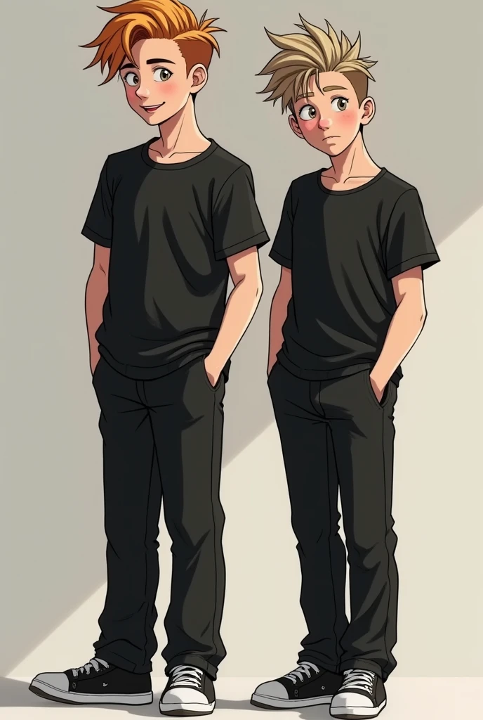 Two friends boy hot hairstyles black t shirt formal pant black and white shoes 