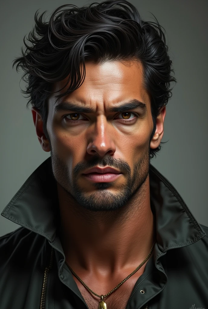 Man with brown eyes, unruly hair, defined jaw, fleshy lips