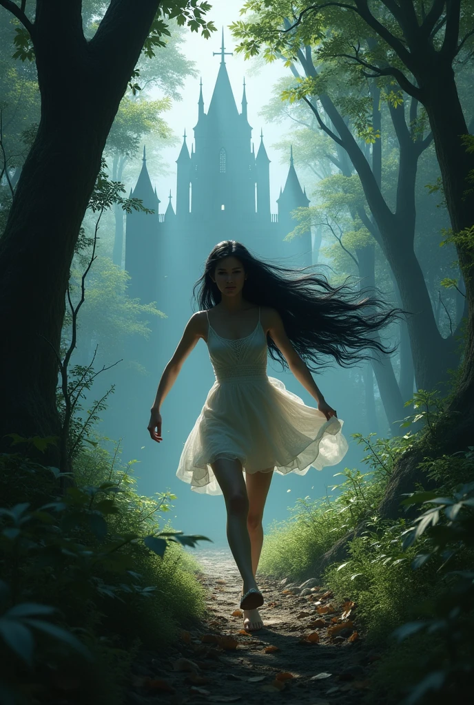 A beautiful girl with long  black hair, white short dress ,open hair , lost in a  forest, running to save her life, near a palace of vampire
