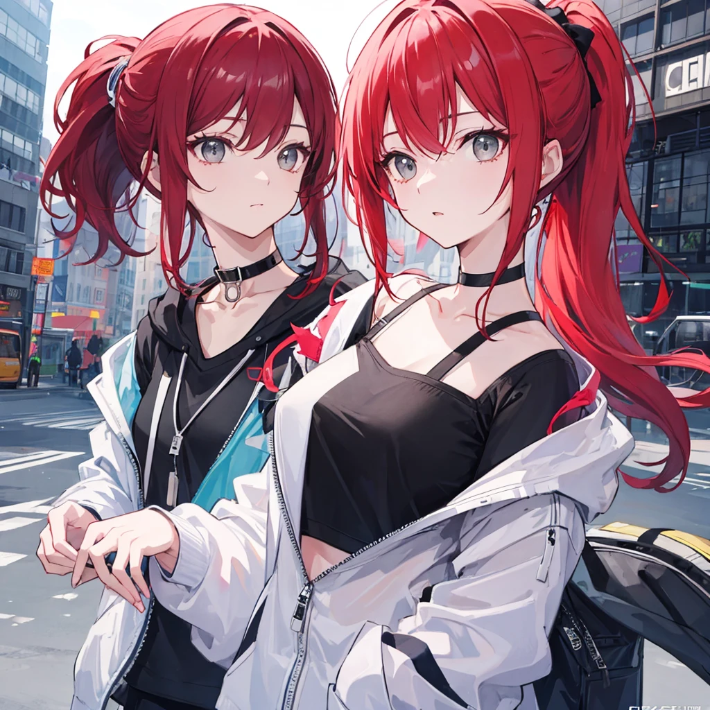 ultra closeup, A picture showing only the upper body, [[[[[[1 woman]]]]]] {{{ponytail hair}}}, long hair, red hair, gray eyes animation, Breasts slightly larger, medium hips, choker, with a straight face, inexpressive, black clothes, Casual clothes, Boxty, crop tee, white windbreaker, choker, standin, very detailed, 8k, Game Illustration, city background