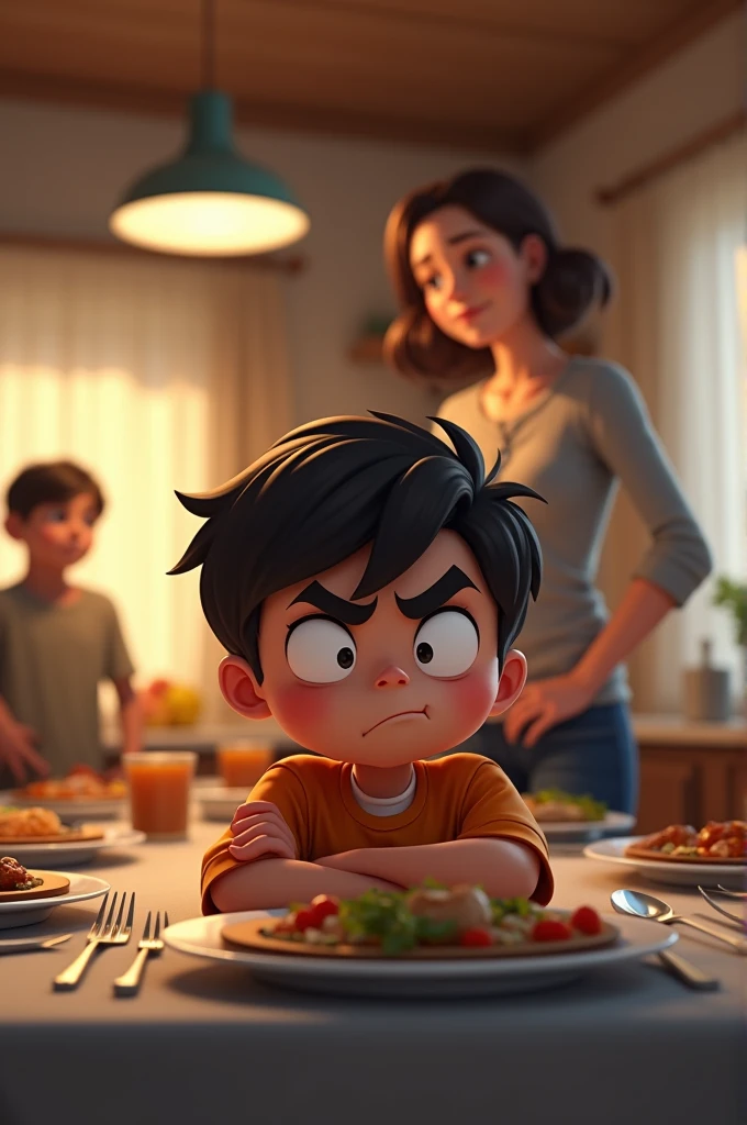 "A family dinner scene with a young boy crossing his arms and pouting while sitting at the table, parents in the background looking concerned, bright kitchen with a warm atmosphere."